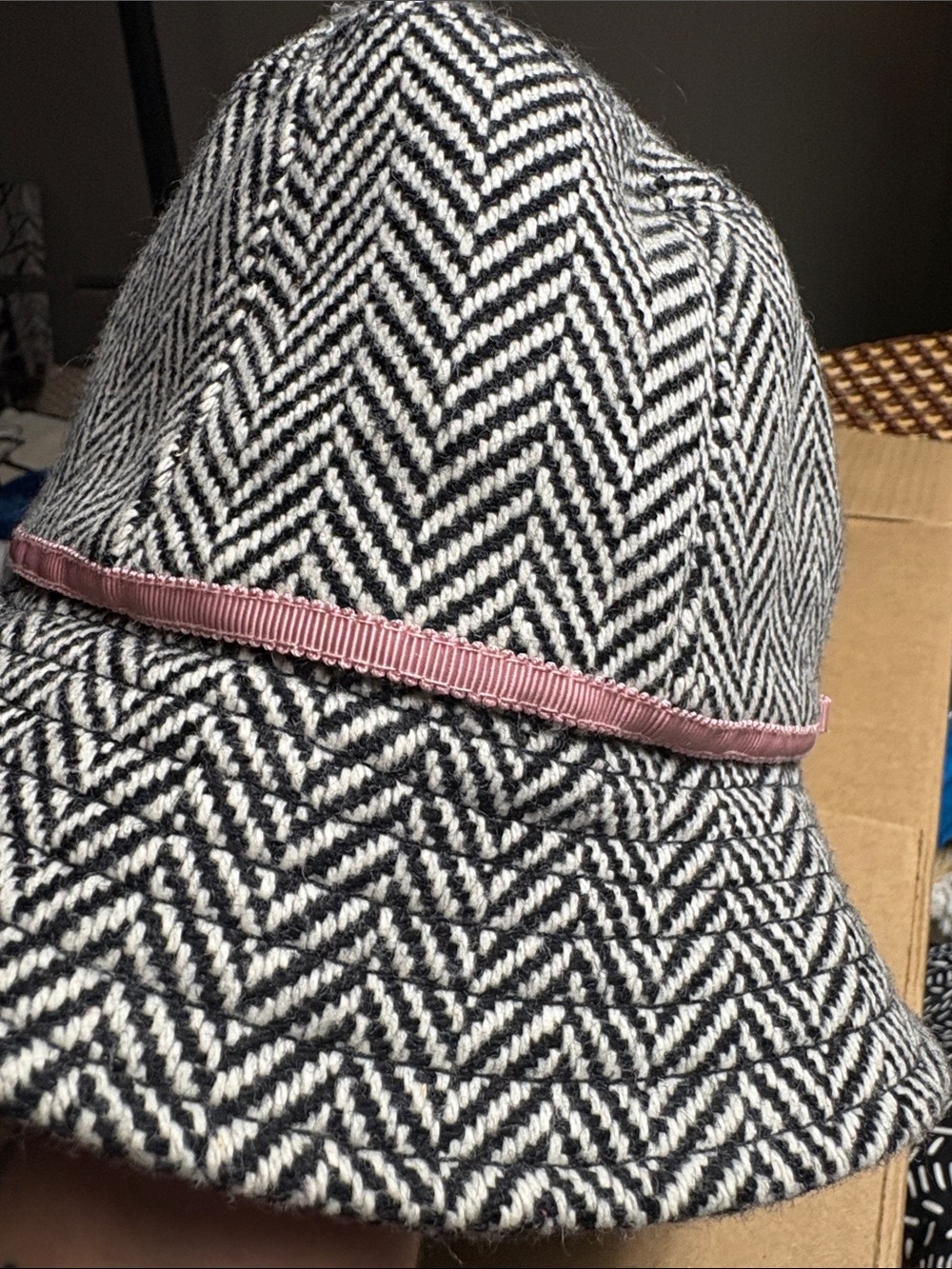J. Crew Black & White Herringbone Bucket Hat with Pink Ribbon - Picture 9 of 16